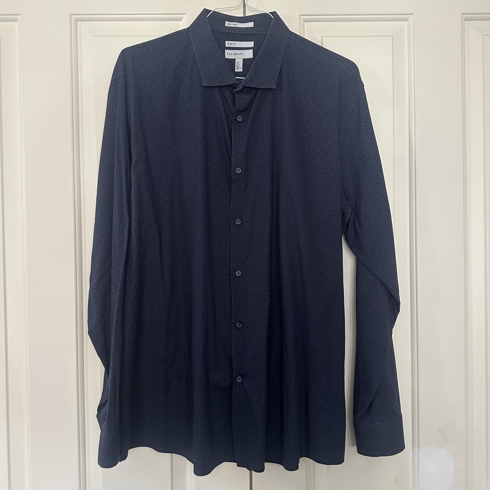 Calibrate Shirt Mens 2XL Blue Polka Dot GeometricDress Long Sleeve Non-Iron Slim